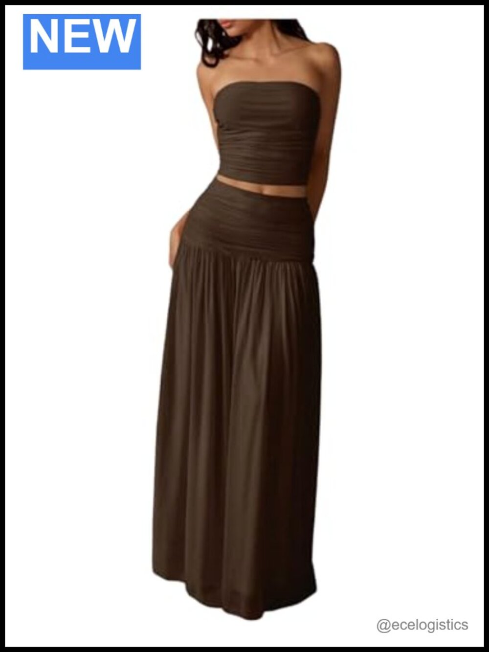 Strapless Ruched Crop Top Maxi Skirt Set High Stretch 2 Piece
